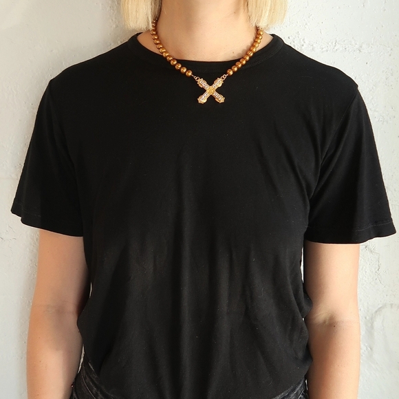 Gold and Bronze Beaded Necklace with Cross Pendant - Picture 4 of 5